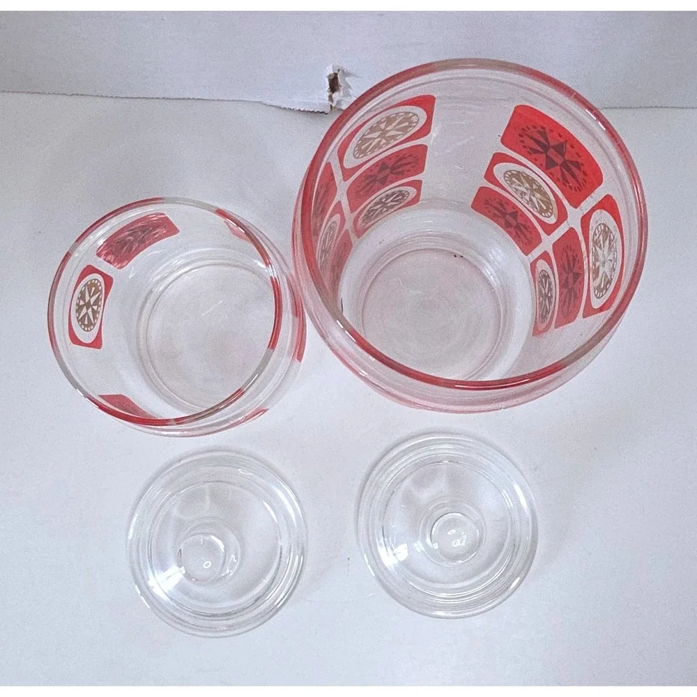 Vintage MCM Red Gold Atomic Starburst Glass Canister Set of 2 Retro Kitchen Jars